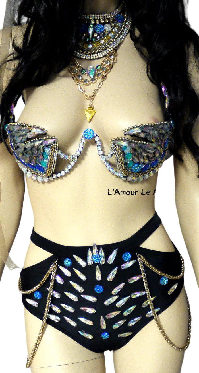 Full Turquoise Rihanna Inspired Samba Costume Cosplay Dance Rave Cage Bra Halloween Burlesque Show Girl