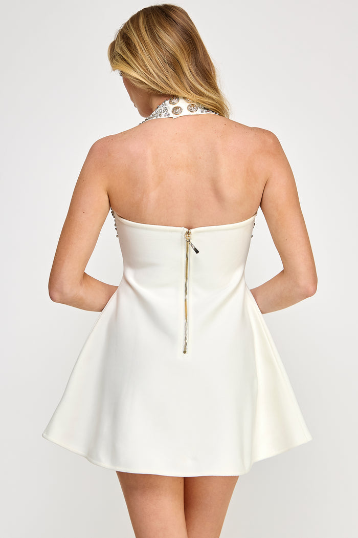 Gem Mini Dress Jeweled Halter Bandage Fit Flare -BabyPink