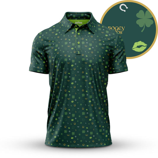 Gettin' Lucky - Polo: Dark green athletic-fit polo with a classic collar and buttons, featuring a subtle light green horseshoe and clover pattern. Inset shows a horseshoe, clover, yellow BOGEY BOOS text, and green lipstick mark.