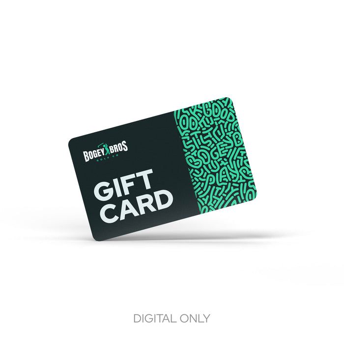 A rectangular Gift Card featuring a black left side with the logo and “GIFT CARD” in bold white text. The right side has a green abstract pattern, with gray “DIGITAL ONLY” text below on a white background.