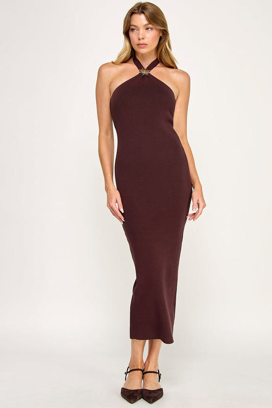 Gilt Maxi Dress - Gold Trim Halter Tie Back Open Shoulder