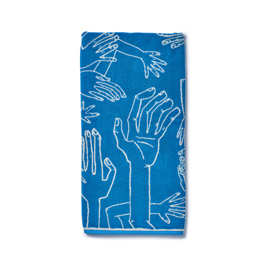 Plunge Hands Towel in Process Blue with hand illustrated in white