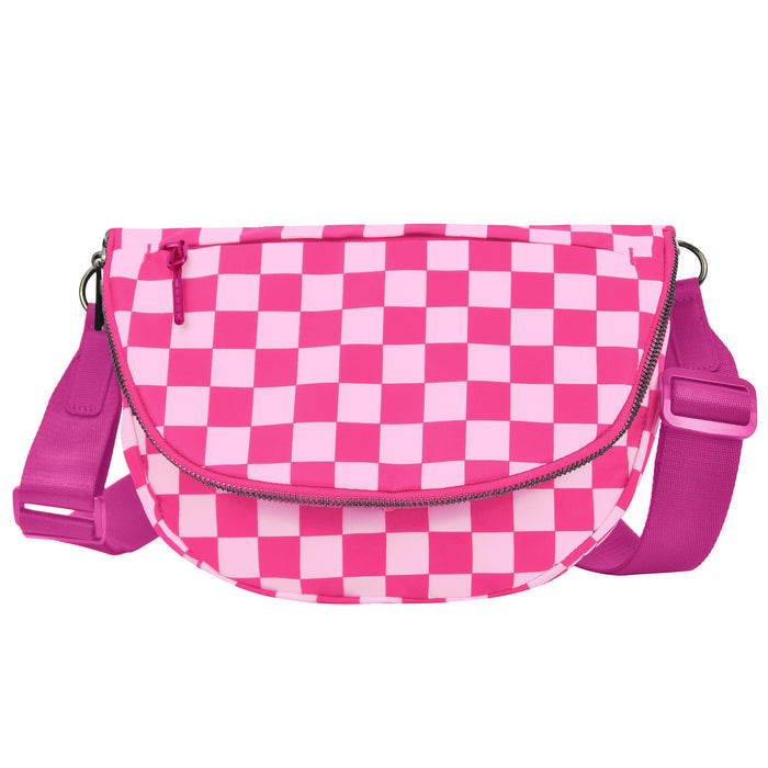 Hot Pink Checkered Crescent Hobo Crossbody Bag