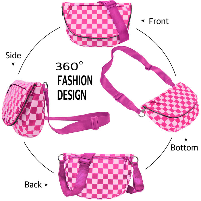 Hot Pink Checkered Crescent Hobo Crossbody Bag
