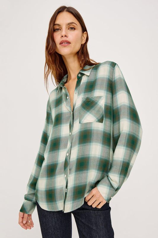 Hunter Button-Up Shirt in Signature Rayon With Collar, Front Buttons, Chest Patch Pocket, and Long Sleeves in Ivory Olive Teal Plaid Colorway - Upper Body Front View Featured on Model