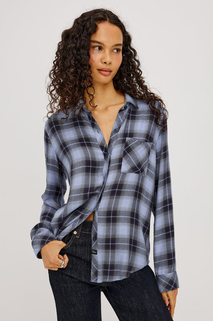 Hunter Button-Up Plaid Shirt in Signature Soft Rayon With Loose Twill Weave, With Collar and Long Sleeves in Navy Sky Colorway - Upper Body Front View Featured on Model