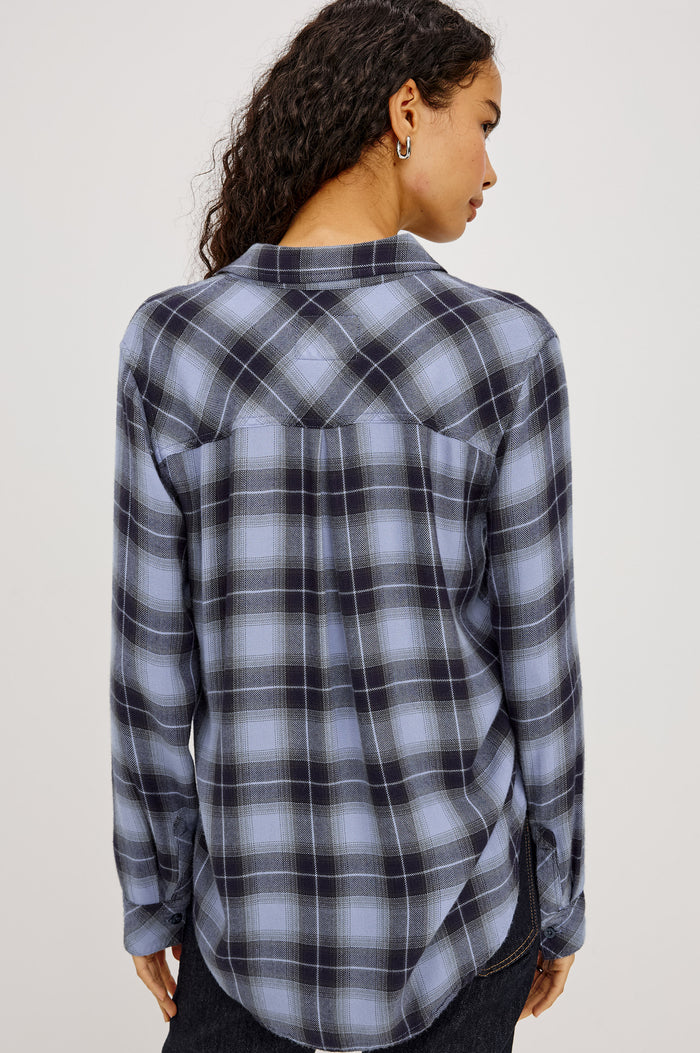 Hunter Button-Up Plaid Shirt in Signature Soft Rayon With Loose Twill Weave, With Collar and Long Sleeves in Navy Sky Colorway - Upper Body Back View Featured on Model