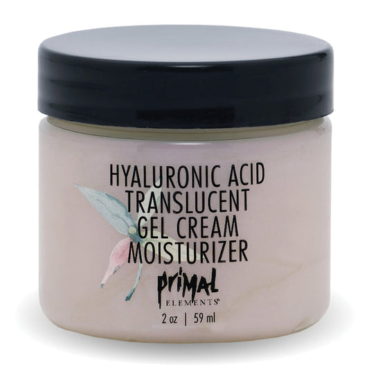 Hyaluronic Acid Translucent Gel Cream Moisturizer | Primal Elements in a clear jar with black lid, featuring skincare gel cream moisturizer for hydration and wellness.