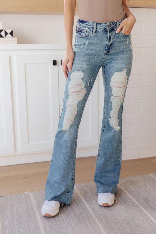 Judy Blue High Rise Heavy Destroyed Flare Jeans