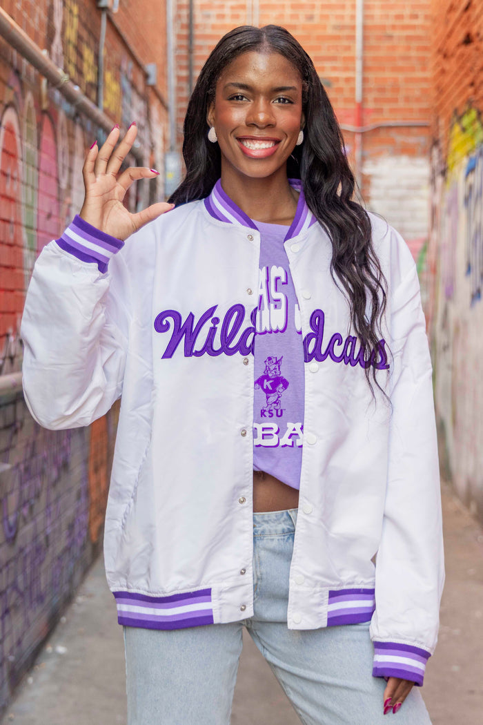 White K-State Wildcats Script Vintage Varsity Jacket Front