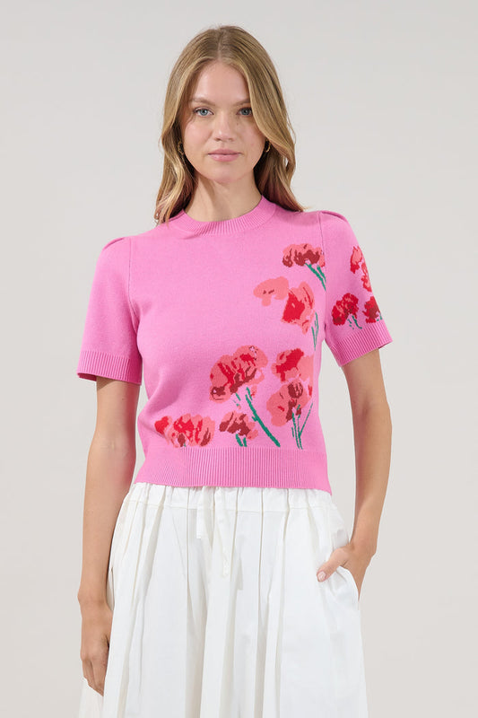 Kersey Floral Pleated Short Sleeve Sweater Top