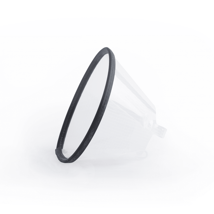 White background with an Elizabethan style transparent plastic recovery collar with a black rim.