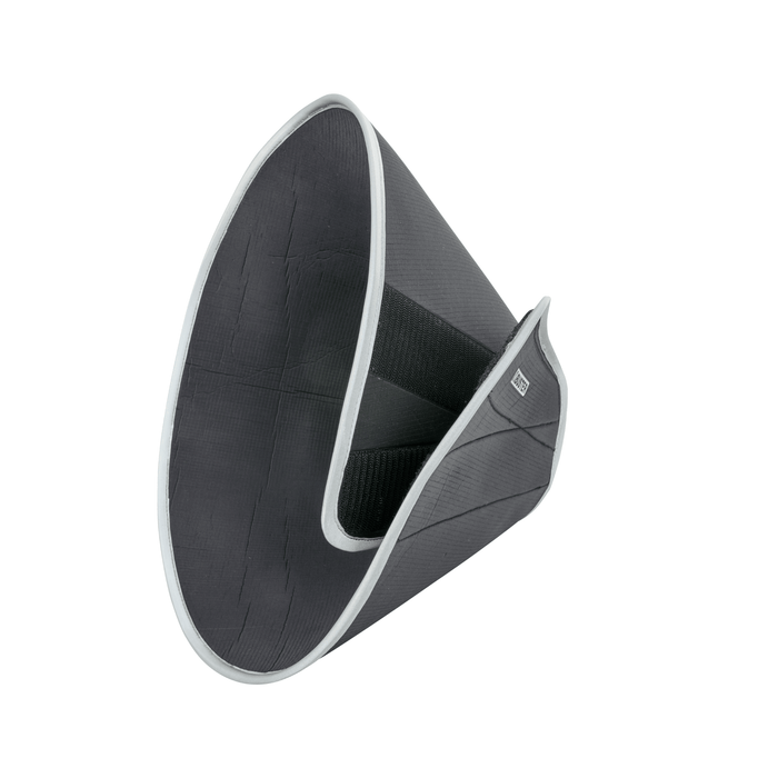 White background with a black Elizabethan style foam recovery collar with a grey rubber trim.