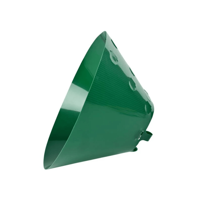 White background with an Elizabethan style green plastic recovery collar.