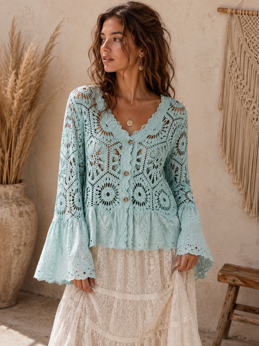 Mae Broderie Crochet Cardigan Aqua