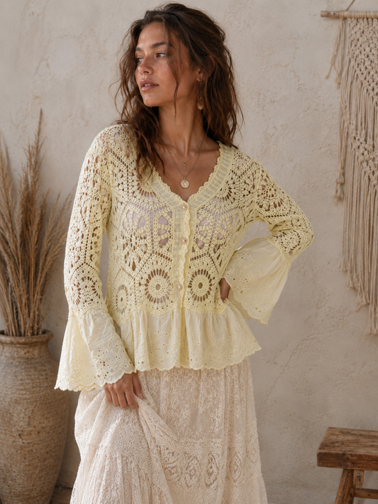 Mae Broderie Crochet Cardigan Lemon