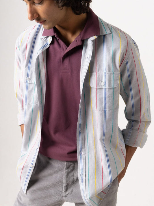 Men's 100% Cotton Regular Fit 2 Pocket Stripe Summer Shirt Blue