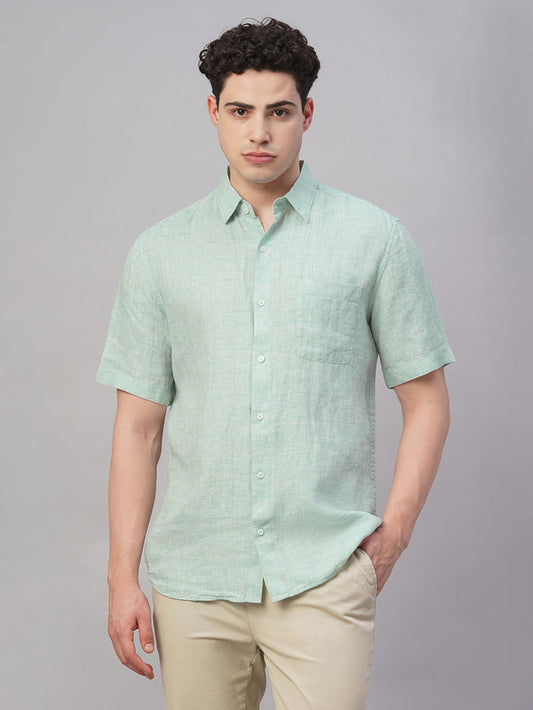 Men's 100% Linen Regular Fit Textured Shirt Green
