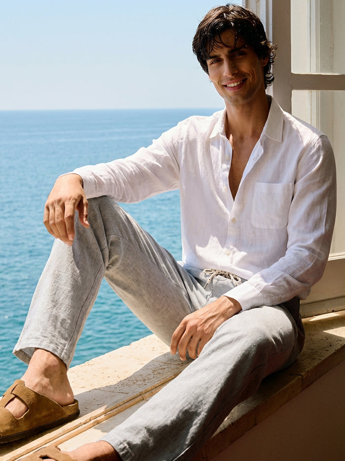 Men's 100% Linen Resort Collar Shirt White