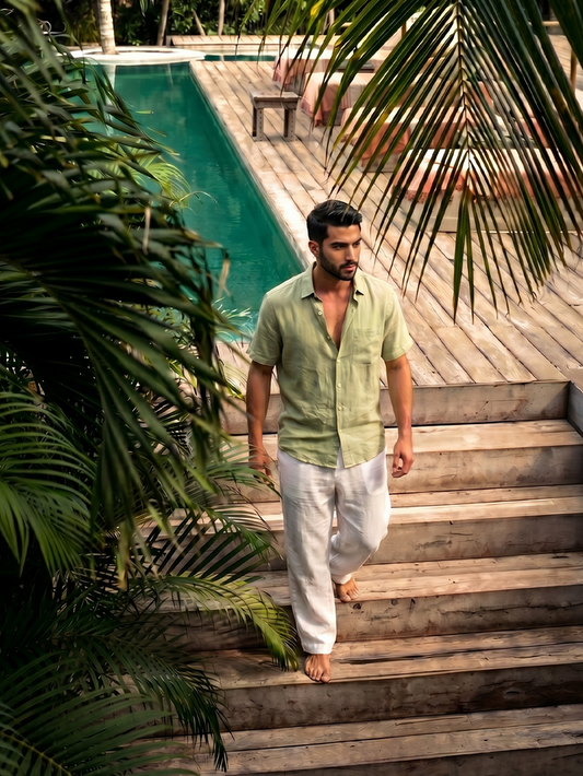 Men's Green 100% Linen Regular Fit Shirt