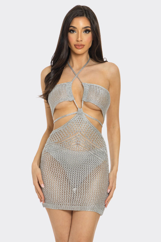Metallic Crochet Tie Mini Dress