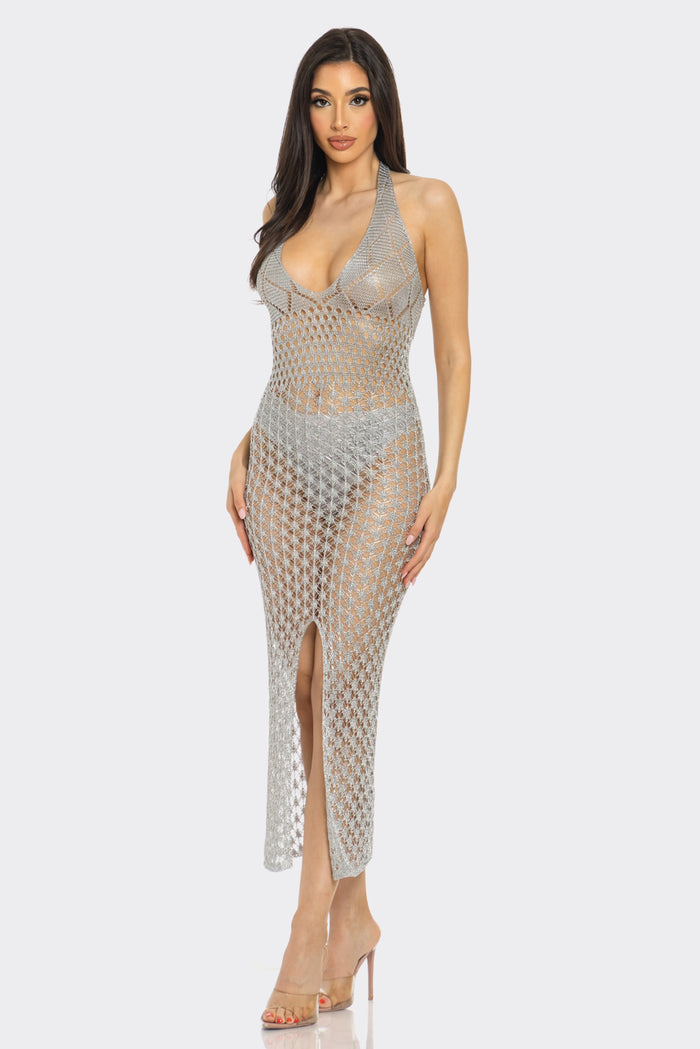 Metallic Plunge Halter Knit Maxi Cover-up Dress