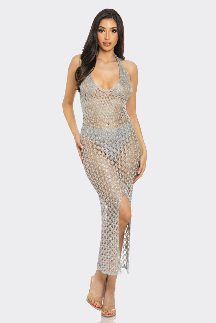 Metallic Plunge Halter Knit Maxi Cover-up Dress