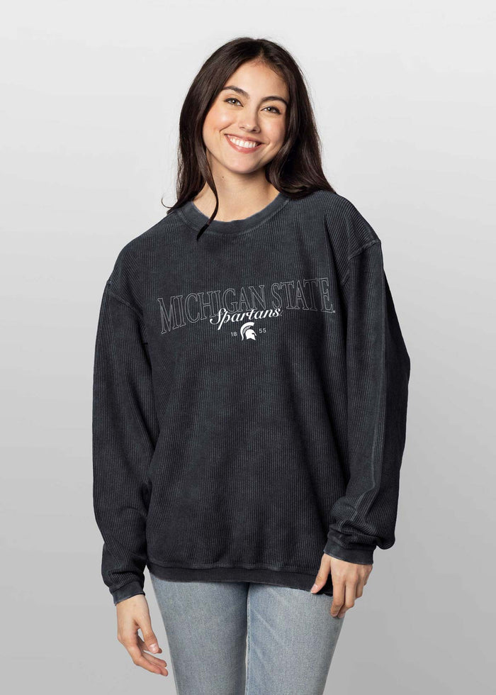 Michigan State Spartans Unisex Black Oversized Premium cotton corded fleece Sweatshirt with Super soft hand feel, vintage wash and ribbed crew neckline, cuffs, and hemline