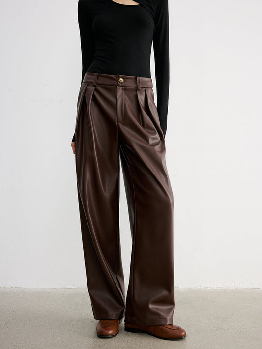 Mid-Waist Faux Leather Wide-Leg Pants