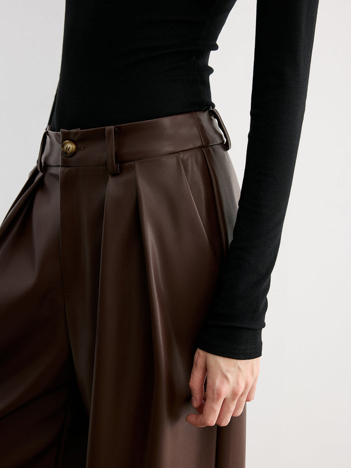 Mid-Waist Faux Leather Wide-Leg Pants