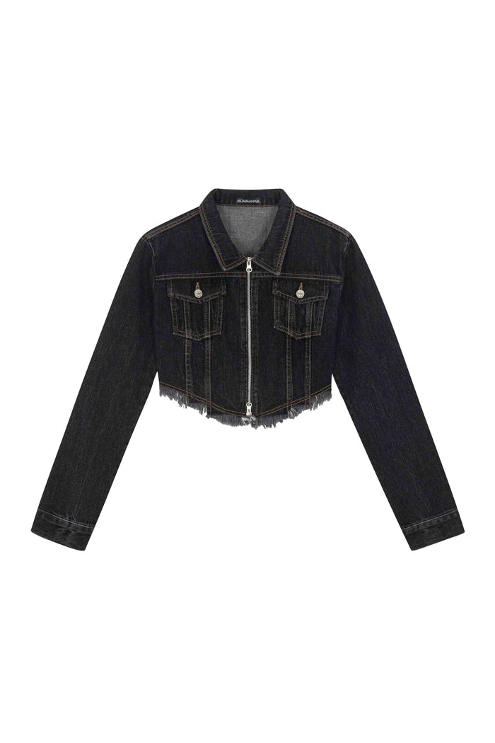 【MOMMANWA モンマンワ】DIAGONAL CROP DENIM JACKET (BLACK)