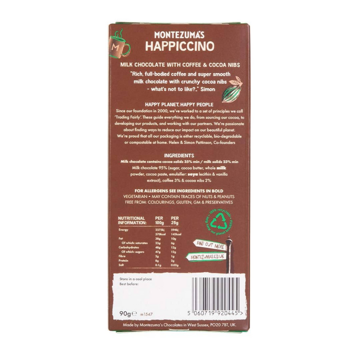 Montezuma's Happiccino Coffee & Cocoa Nibs Milk Chocolate Bar 90g
