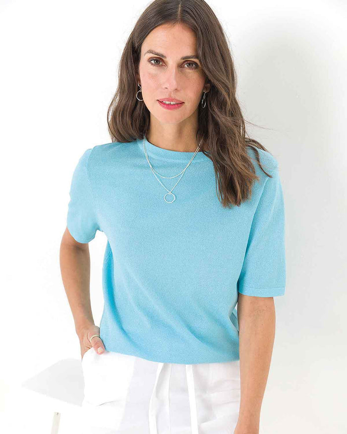 Naomi Aqua Short Sleeved Crew Neck Jumper - The Classic Boutique