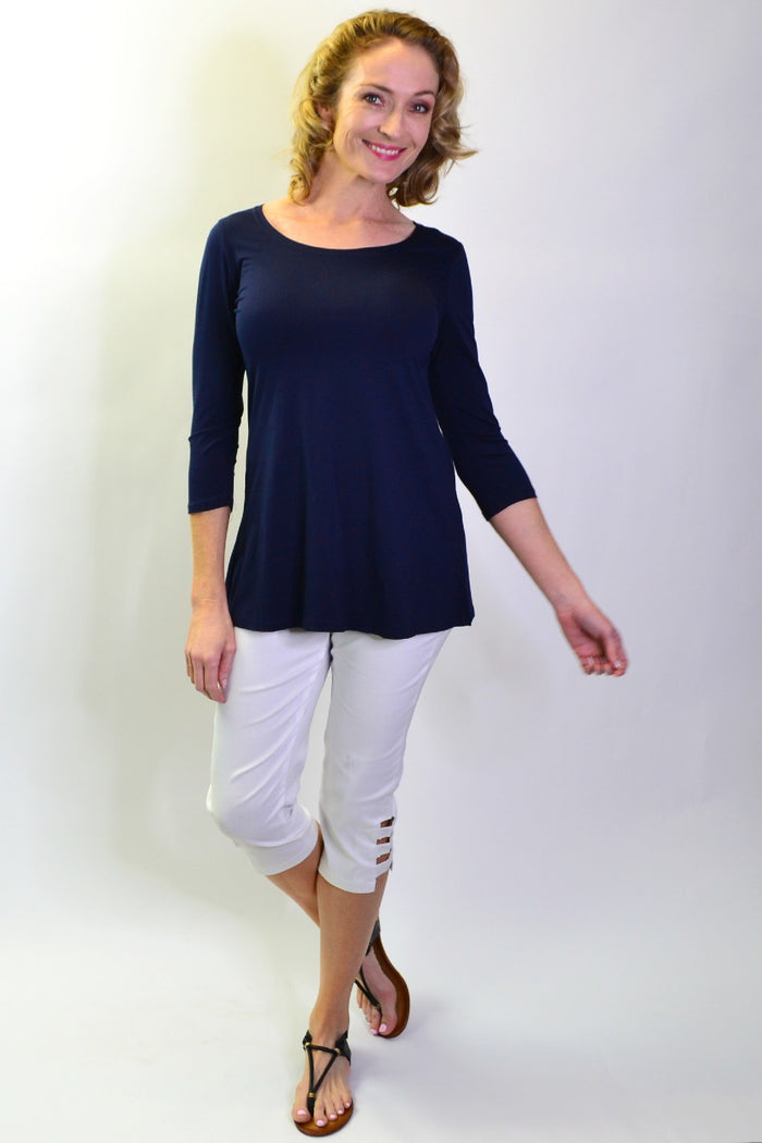 Navy basic bamboo 3/4 sleeve jersey tunic top by La Bay, showcasing a comfortable, casual fit with a relaxed silhouette.