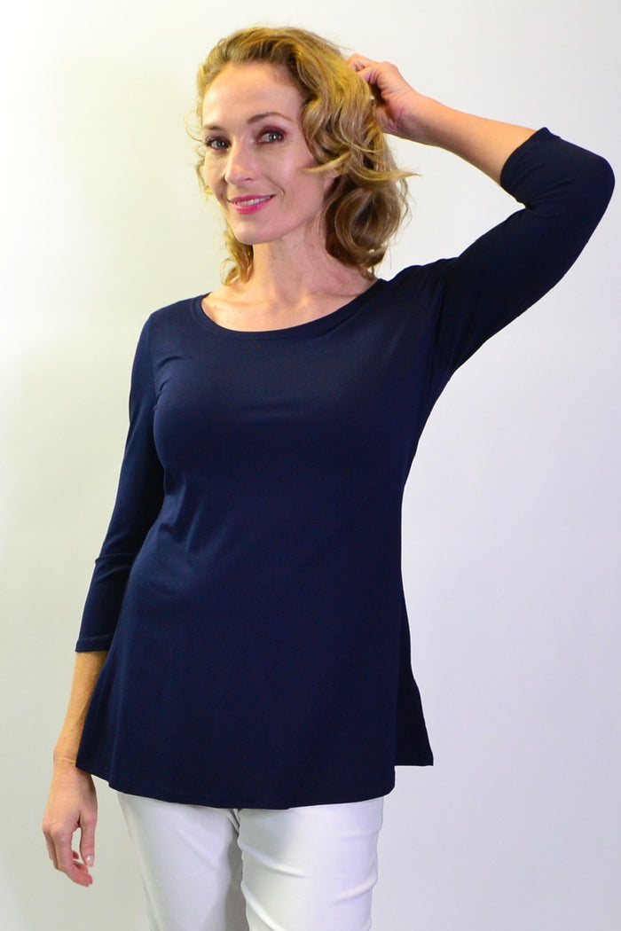 Navy bamboo fabric 3/4 sleeve jersey tunic top by La Bay, featuring a relaxed fit and simple style for casual wear.