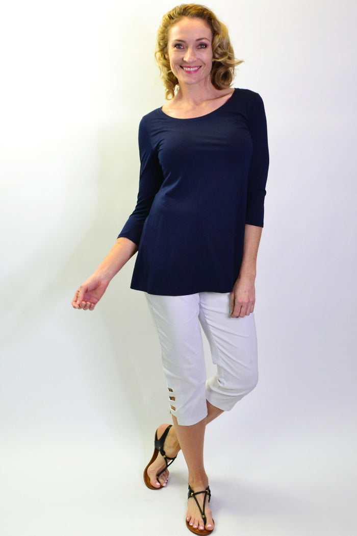 Navy bamboo 3/4 sleeve jersey tunic top by La Bay, showcasing a comfortable, casual basic with a relaxed fit and soft fabric.