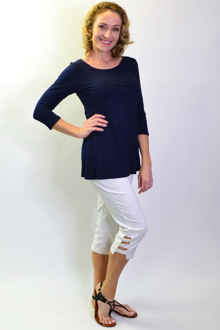 Navy bamboo 3/4 sleeve jersey tunic top by La Bay, featuring a relaxed fit and simple design, perfect for casual wear.