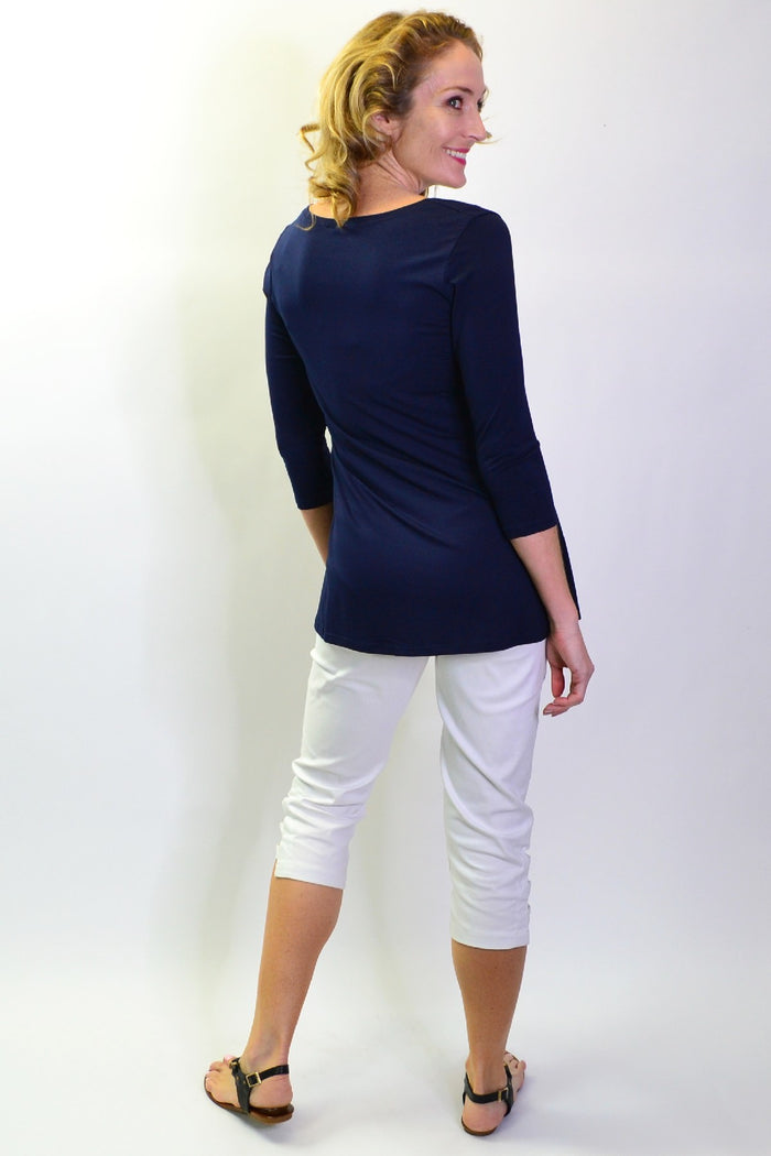 Navy bamboo 3/4 sleeve jersey tunic top from La Bay, featuring a relaxed fit and simple design, perfect for casual wear.