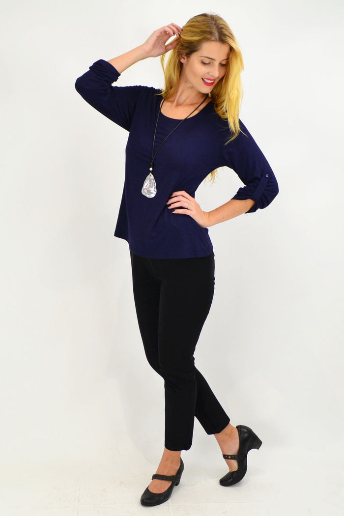 Lilia navy button-up long sleeve basic top, casual blue shirt with front buttons and collar, ideal for everyday wear