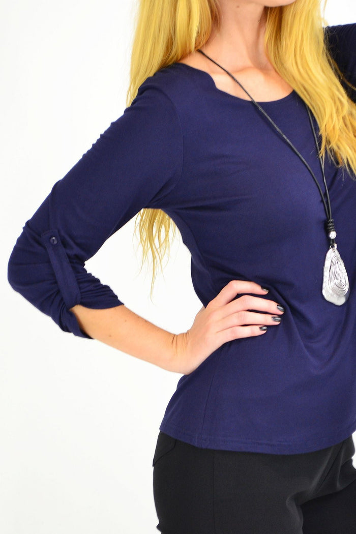 Lilia navy button-up long sleeve basic top, soft cotton shirt with classic collar and front buttons, casual and versatile for everyday wear