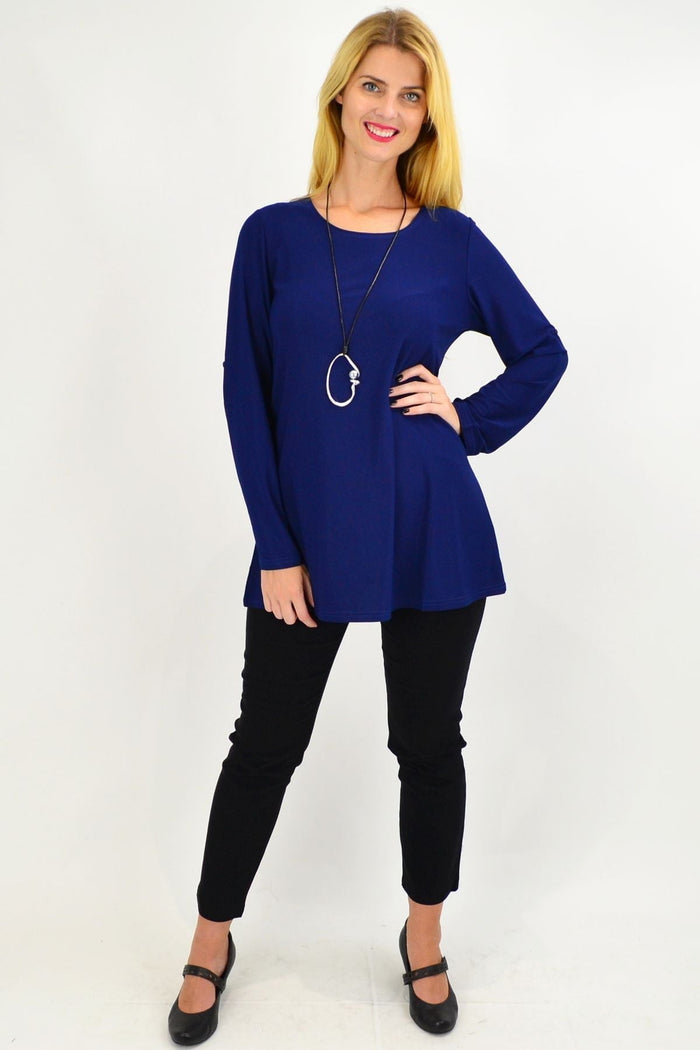 Navy button-up long sleeve tunic top by Lilia, featuring a classic basic design with a relaxed fit and front button details.