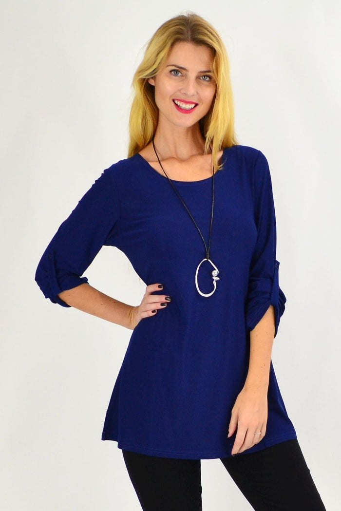 Navy button-up long sleeve basic tunic top by Lilia, casual top with front buttons and a relaxed fit, ideal for everyday wear.
