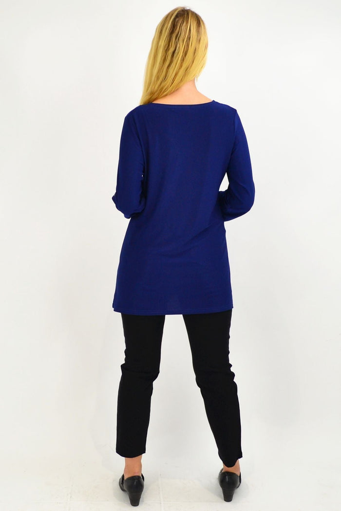 Navy button-up long sleeve basic tunic top by Lilia, featuring a relaxed fit and classic collar, styled on a mannequin.