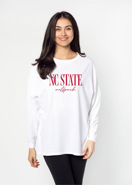 NC State Wolfpack Unisex White Oversized, slouchy Mineral wash T-Shirt with Extreme dropped shoulders, oversized sleeves and lived-in look and feel