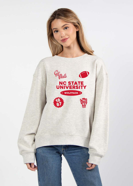 NC State Wolfpack Women's Ash-Grey Relaxed Heavyweight Fleece Sweatshirt with Dropped shoulders, crew neckline, back center seam and ribbed neckline, cuffs and hem