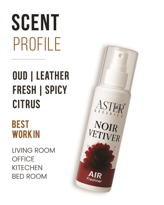Noir Vetiver air freshener bottle with dark label and subtle texture.