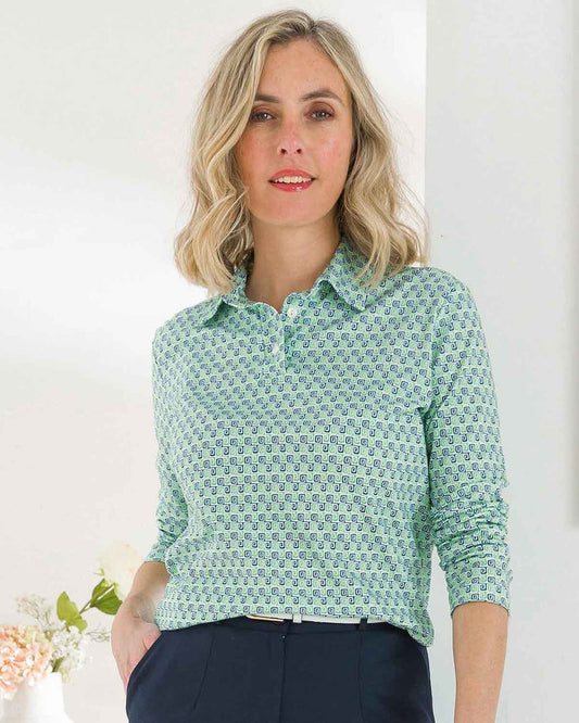 Olive Patterned Cotton Long Sleeve Polo Top - Image 1 - The Classic Boutique