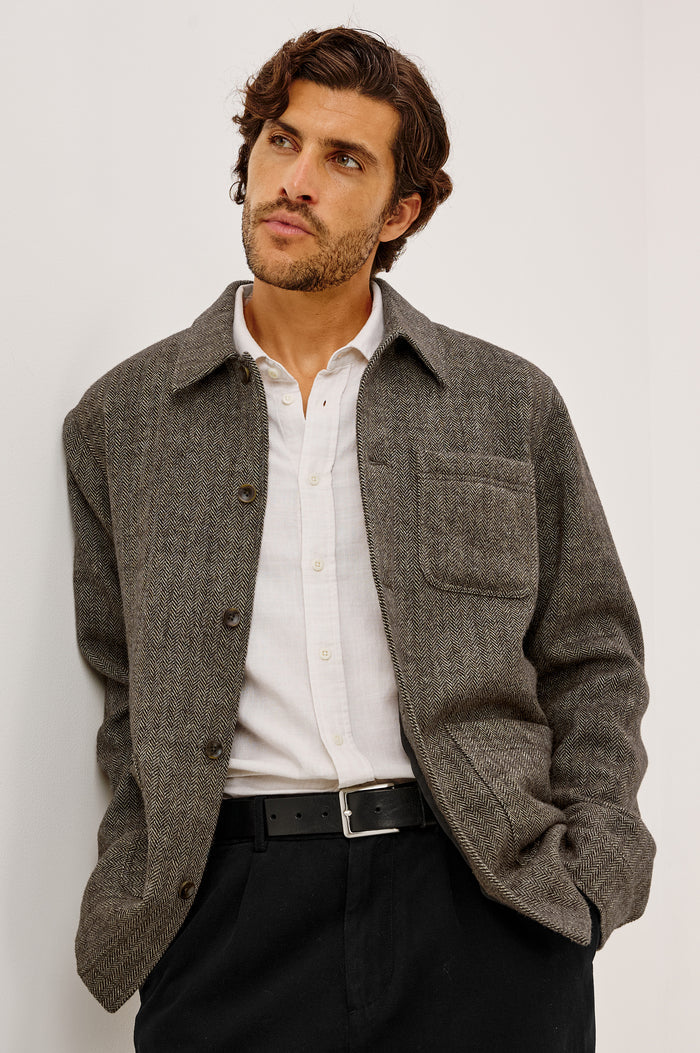 Pascal Chore Jacket in Wool Blend Tweed WIth Collar, Front Buttons, Long Sleeves, Front Patch Pockets, and Fully Lined in Highland Tweed Colorway - Upper Body Front View Featured on Model