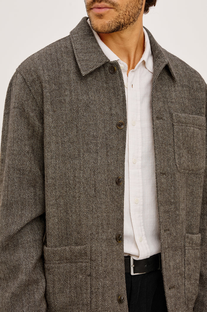 Pascal Chore Jacket in Wool Blend Tweed WIth Collar, Front Buttons, Long Sleeves, Front Patch Pockets, and Fully Lined in Highland Tweed Colorway - Upper Body Front View Featured on Model