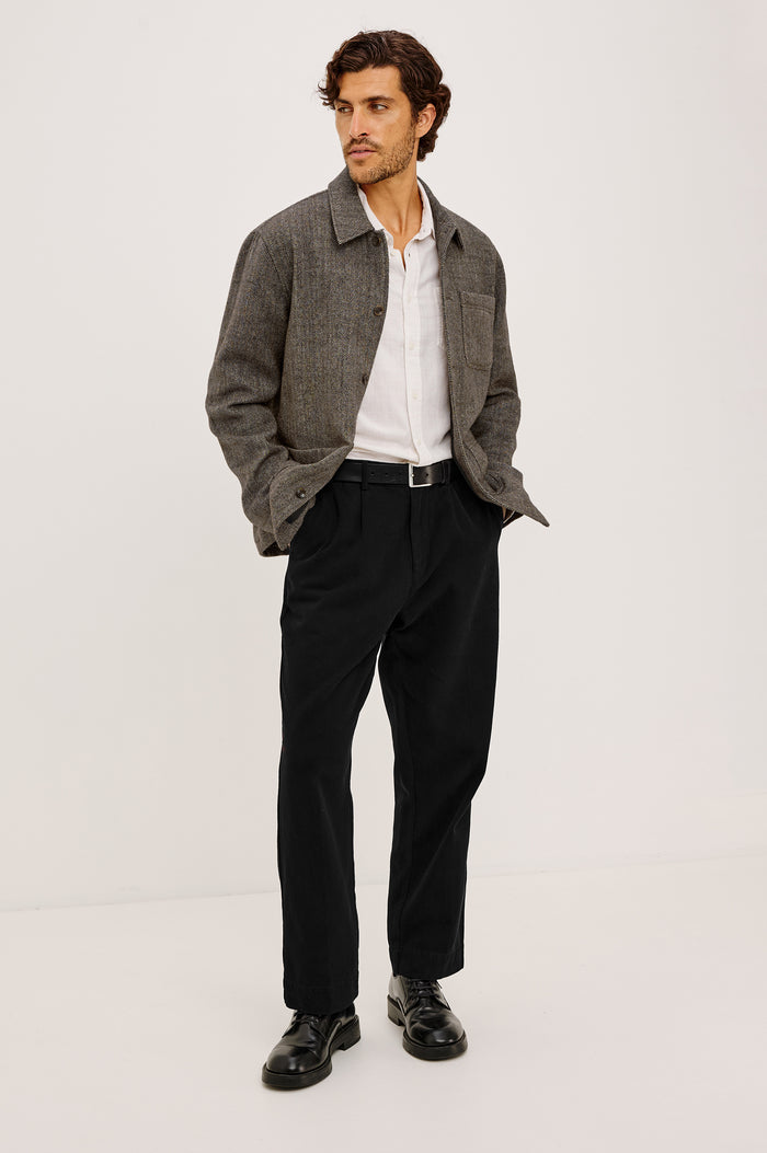 Pascal Chore Jacket in Wool Blend Tweed WIth Collar, Front Buttons, Long Sleeves, Front Patch Pockets, and Fully Lined in Highland Tweed Colorway - Full Body Front View Featured on Model